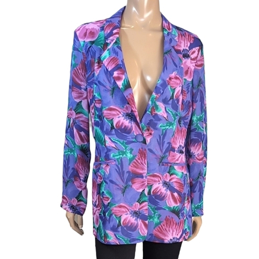 Vintage Purple Floral Blazer with Pink & Green Accents
